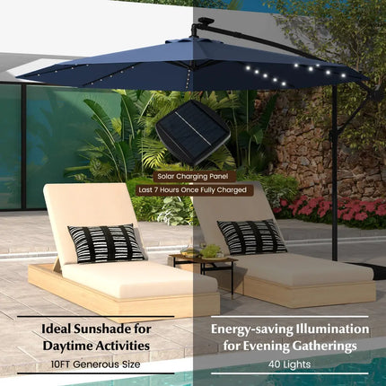 10 Ft Solar LED Offset Umbrella with 40 Lights and Cross Base for Patio-Blue - Blue - Outdoor Umbrellas