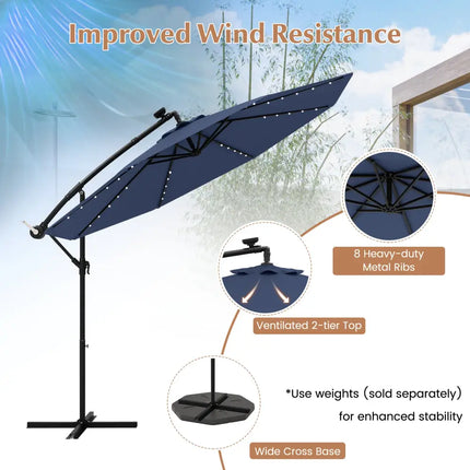 10 Ft Solar LED Offset Umbrella with 40 Lights and Cross Base for Patio-Blue - Blue - Outdoor Umbrellas
