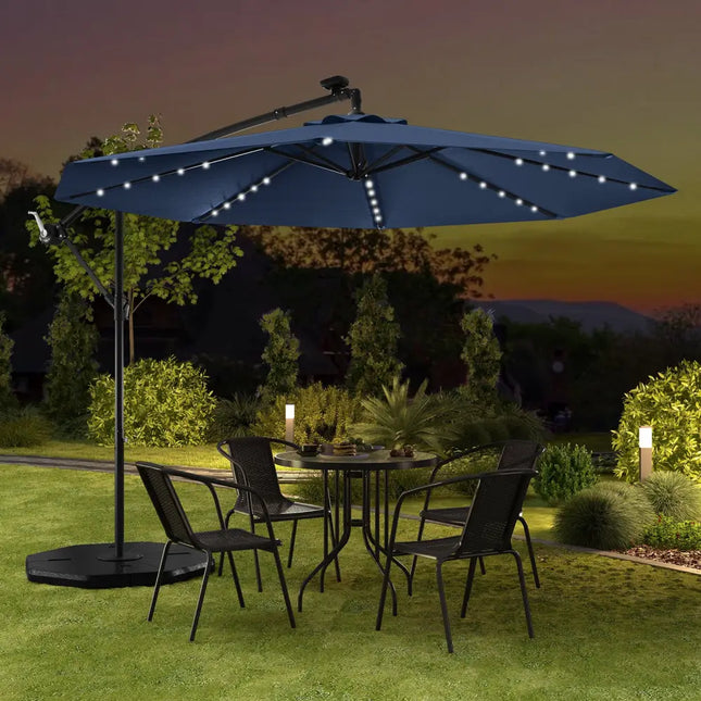 10 Ft Solar LED Offset Umbrella with 40 Lights and Cross Base for Patio-Blue - Blue - Outdoor Umbrellas