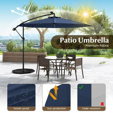 10 Ft Solar LED Offset Umbrella with 40 Lights and Cross Base for Patio-Blue - Blue - Outdoor Umbrellas