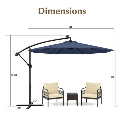 10 Ft Solar LED Offset Umbrella with 40 Lights and Cross Base for Patio-Blue - Blue - Outdoor Umbrellas