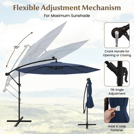 10 Ft Solar LED Offset Umbrella with 40 Lights and Cross Base for Patio-Blue - Blue - Outdoor Umbrellas