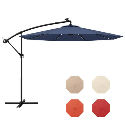 10 Ft Solar LED Offset Umbrella with 40 Lights and Cross Base for Patio-Blue - Blue - Outdoor Umbrellas