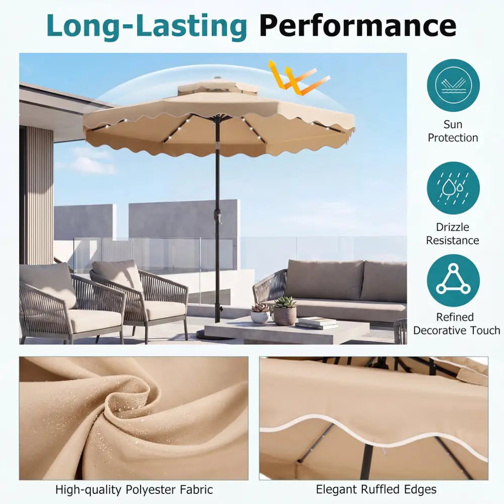 10 FT Solar LED Patio Umbrella for Deck and Pool-Beige - Beige - Outdoor Umbrellas