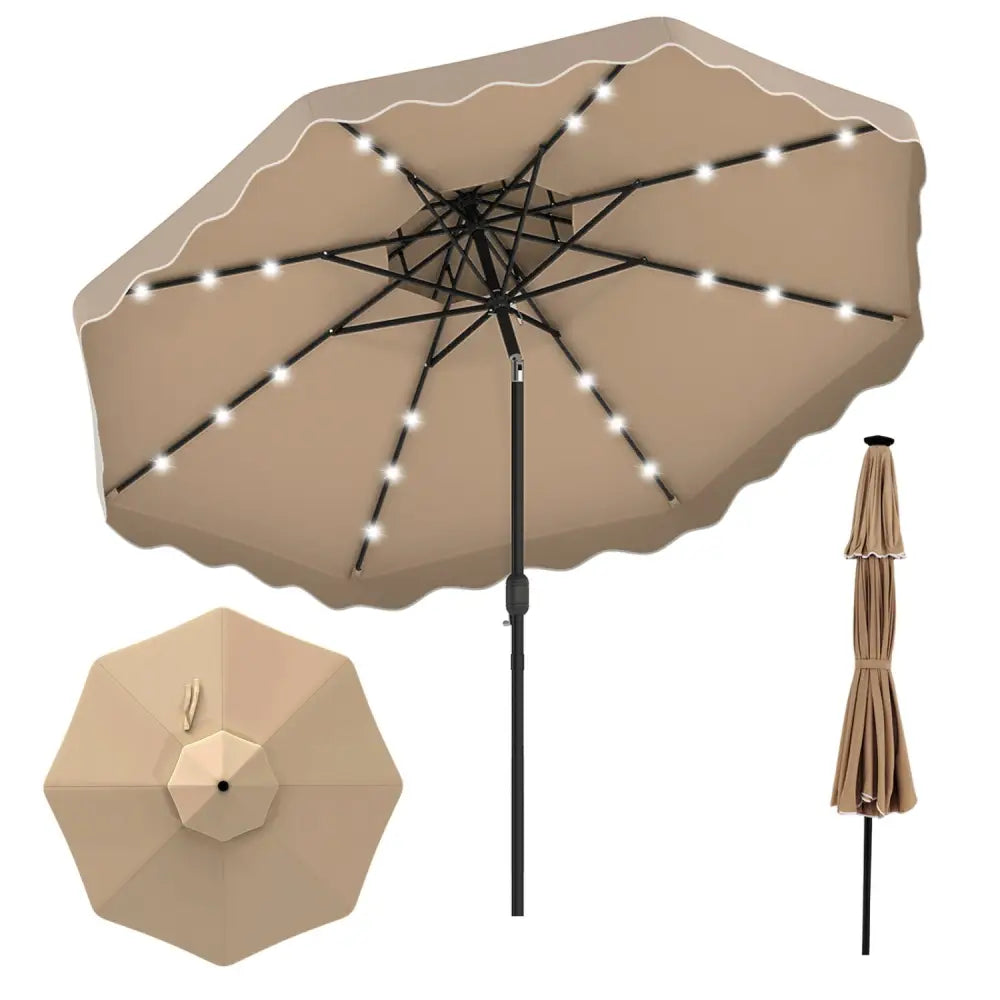 10 FT Solar LED Patio Umbrella for Deck and Pool-Brown - Brown - Outdoor Umbrellas