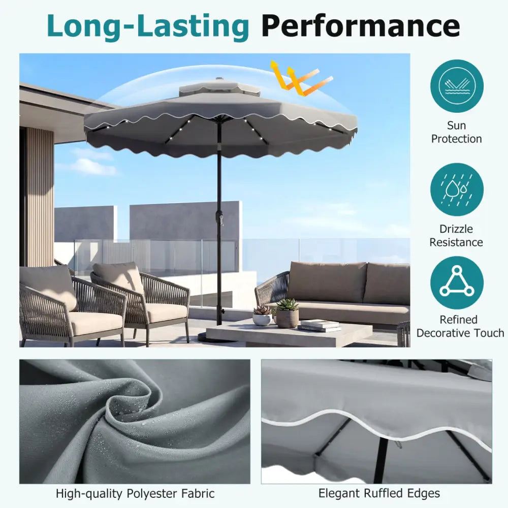 10 FT Solar LED Patio Umbrella for Deck and Pool-Gray - Gray - Outdoor Umbrellas