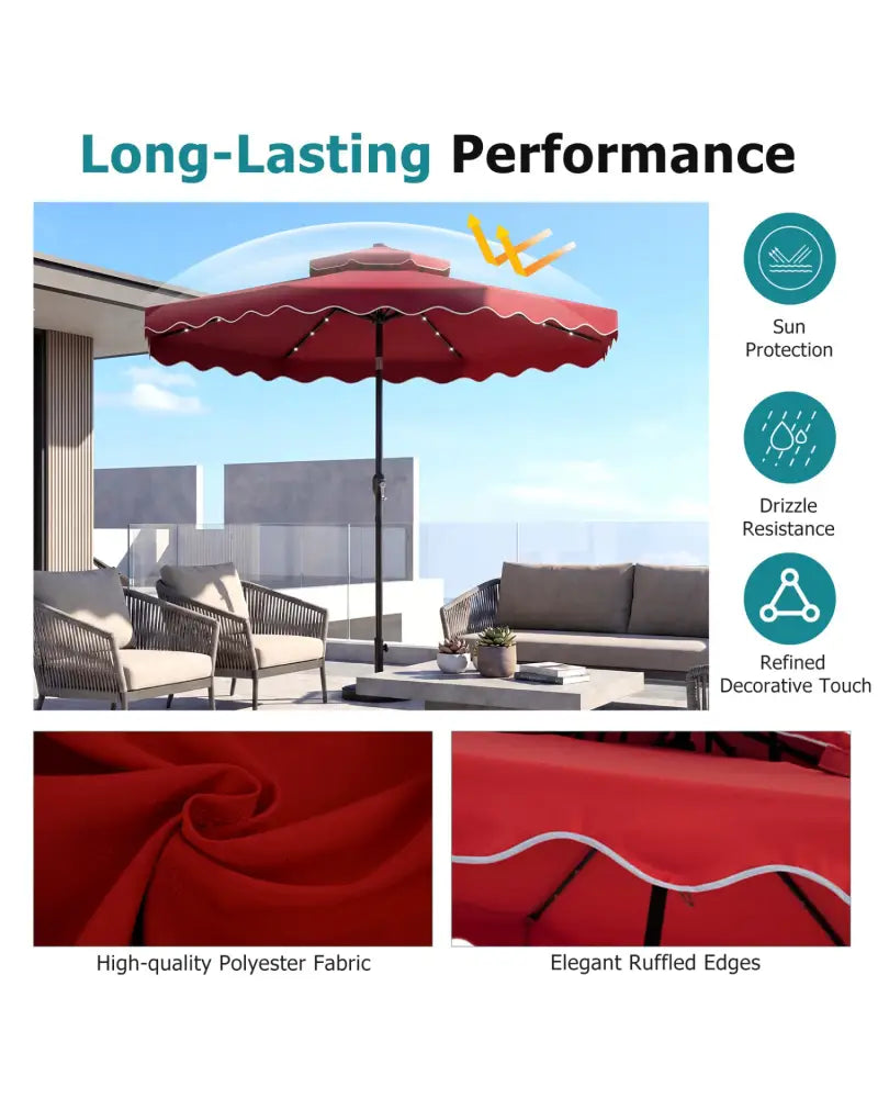 10 FT Solar LED Patio Umbrella for Deck and Pool-Red - Red - Outdoor Umbrellas