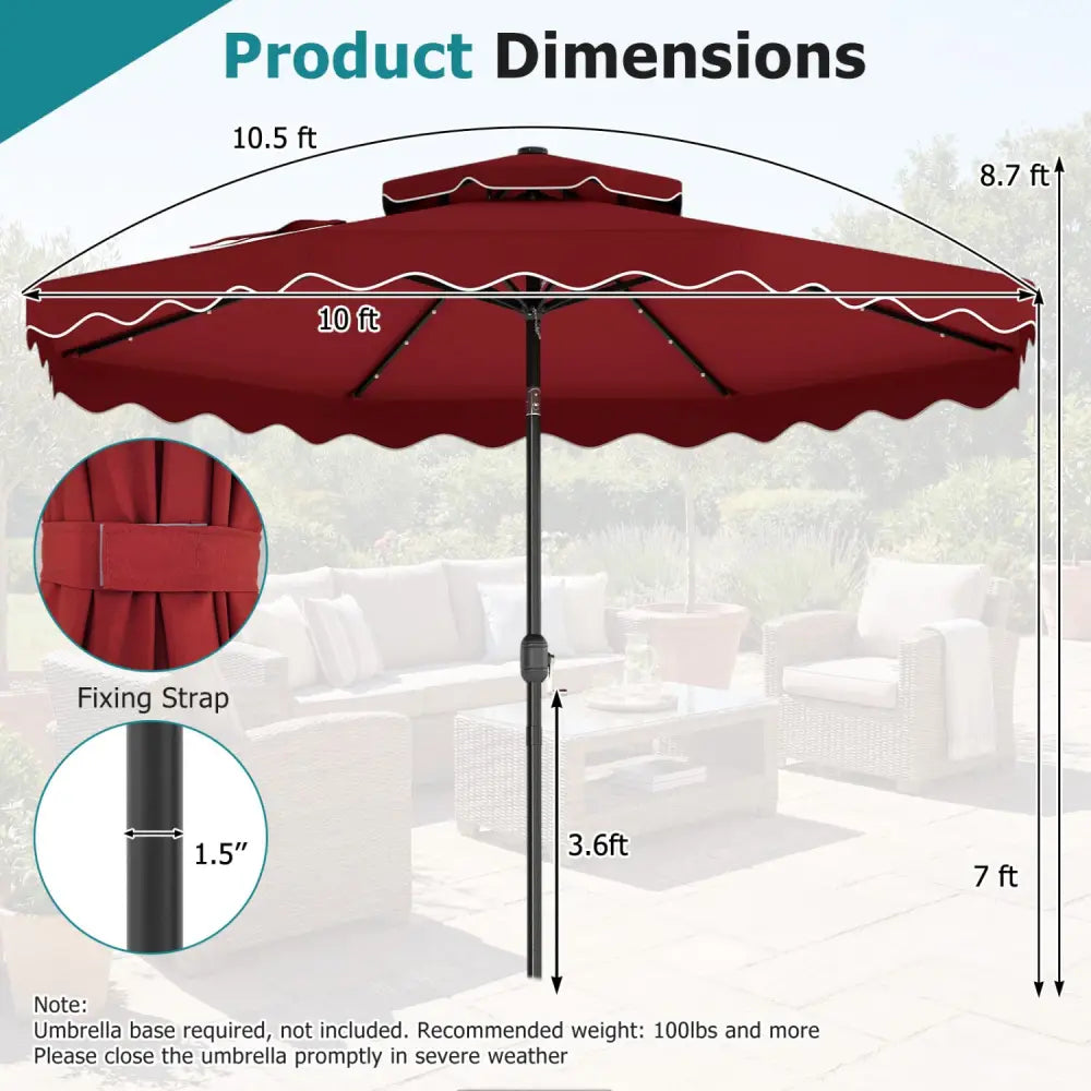 10 FT Solar LED Patio Umbrella for Deck and Pool-Red - Red - Outdoor Umbrellas