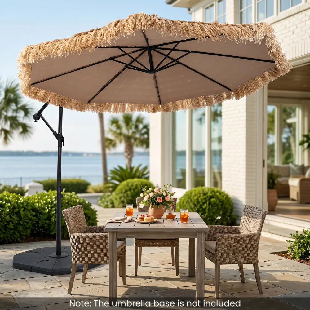 10 FT Solar Thatched Cantilever Umbrella with 12 Modes and Crank Lift-Brown - Brown - Outdoor Umbrellas