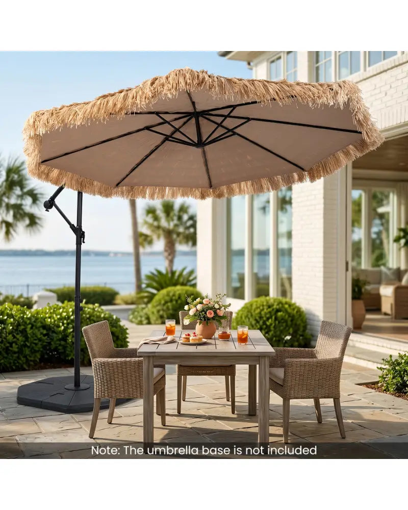 10 FT Solar Thatched Cantilever Umbrella with 12 Modes and Crank Lift-Brown - Brown - Outdoor Umbrellas