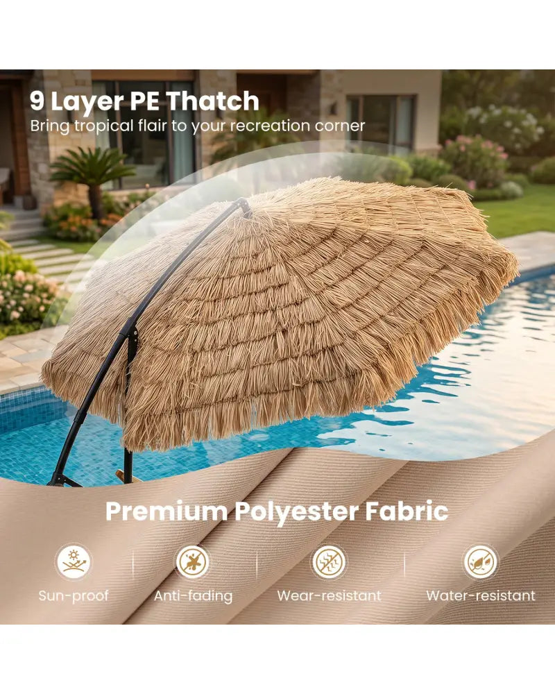 10 FT Solar Thatched Cantilever Umbrella with 12 Modes and Crank Lift-Brown - Brown - Outdoor Umbrellas