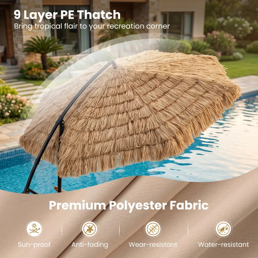 10 FT Solar Thatched Cantilever Umbrella with 12 Modes and Crank Lift-Brown - Brown - Outdoor Umbrellas