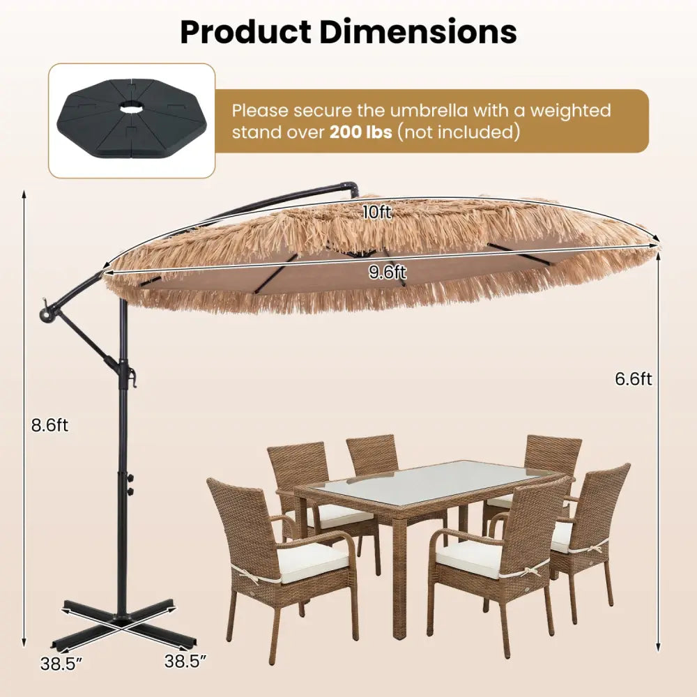10 FT Solar Thatched Cantilever Umbrella with 12 Modes and Crank Lift-Brown - Brown - Outdoor Umbrellas