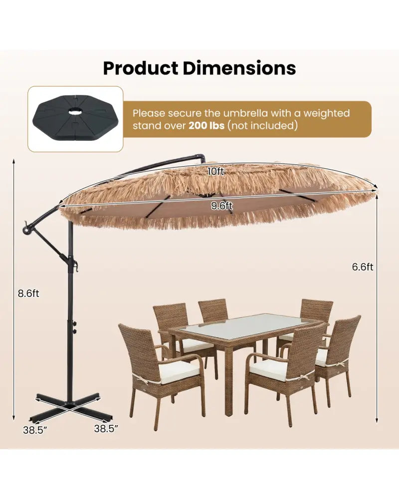 10 FT Solar Thatched Cantilever Umbrella with 12 Modes and Crank Lift-Brown - Brown - Outdoor Umbrellas