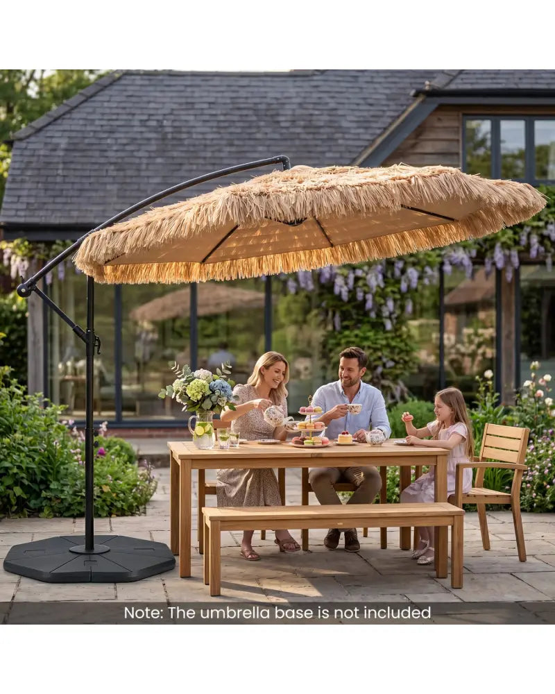 10 FT Solar Thatched Cantilever Umbrella with 12 Modes and Crank Lift-Brown - Brown - Outdoor Umbrellas