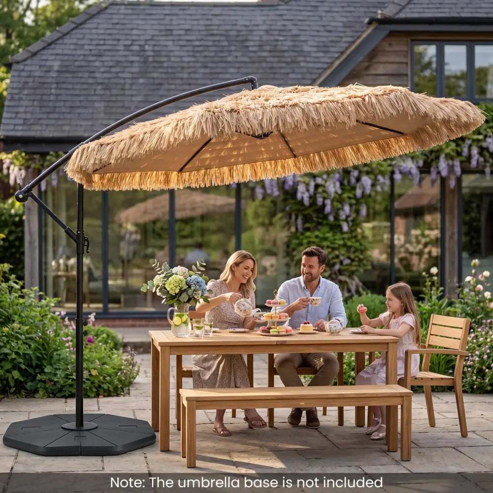 10 FT Solar Thatched Cantilever Umbrella with 12 Modes and Crank Lift-Brown - Brown - Outdoor Umbrellas