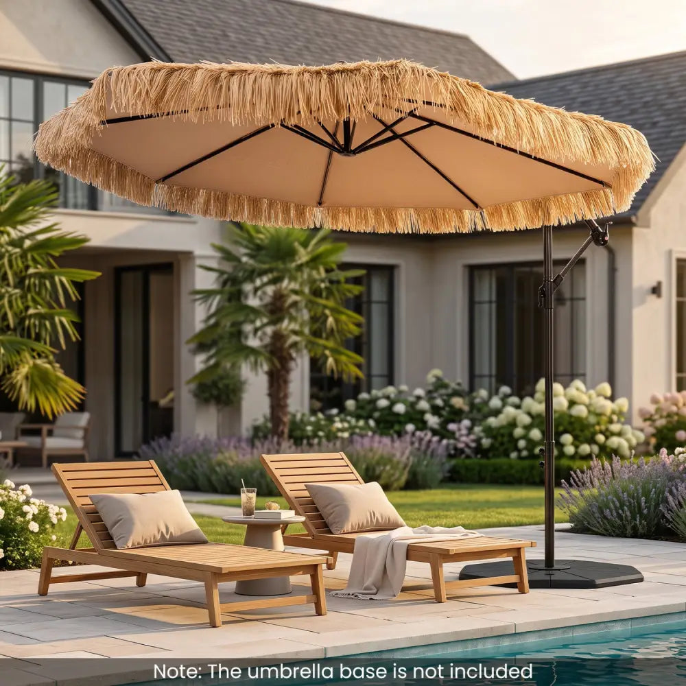 10 FT Solar Thatched Cantilever Umbrella with 12 Modes and Crank Lift-Brown - Brown - Outdoor Umbrellas