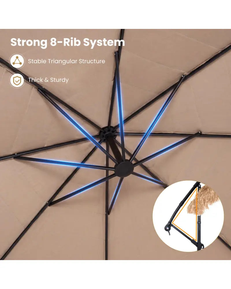 10 FT Solar Thatched Cantilever Umbrella with 12 Modes and Crank Lift-Brown - Brown - Outdoor Umbrellas