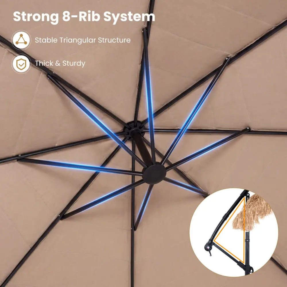 10 FT Solar Thatched Cantilever Umbrella with 12 Modes and Crank Lift-Brown - Brown - Outdoor Umbrellas