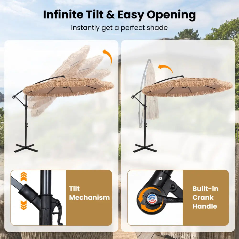 10 FT Solar Thatched Cantilever Umbrella with 12 Modes and Crank Lift-Brown - Brown - Outdoor Umbrellas