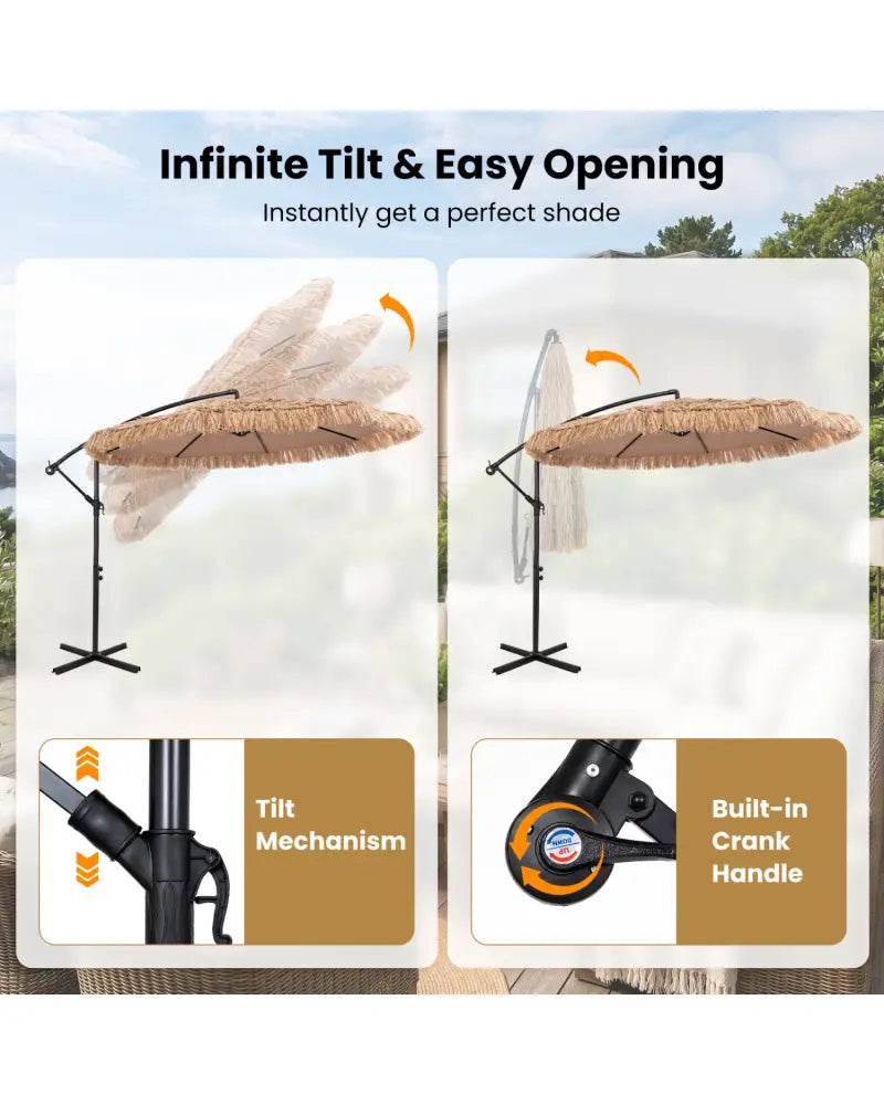 10 FT Solar Thatched Cantilever Umbrella with 12 Modes and Crank Lift-Brown - Brown - Outdoor Umbrellas