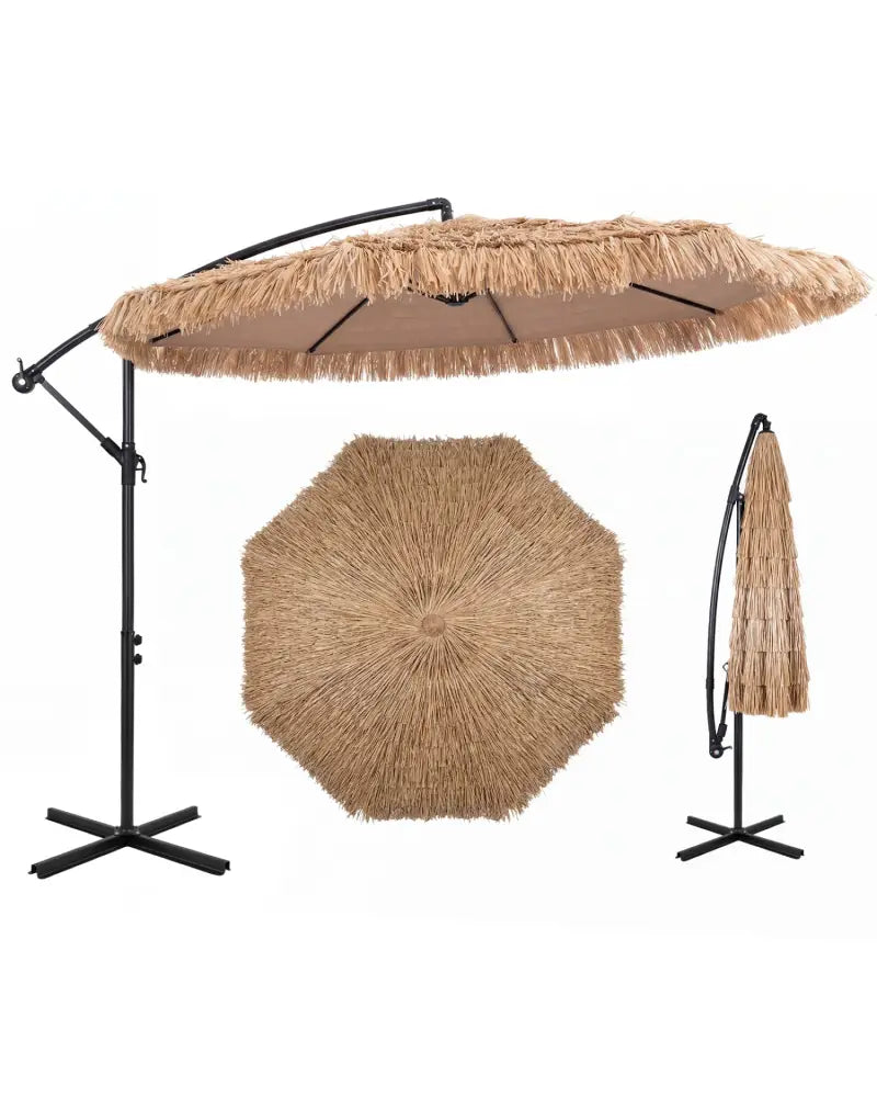 10 FT Solar Thatched Cantilever Umbrella with 12 Modes and Crank Lift-Brown - Brown - Outdoor Umbrellas