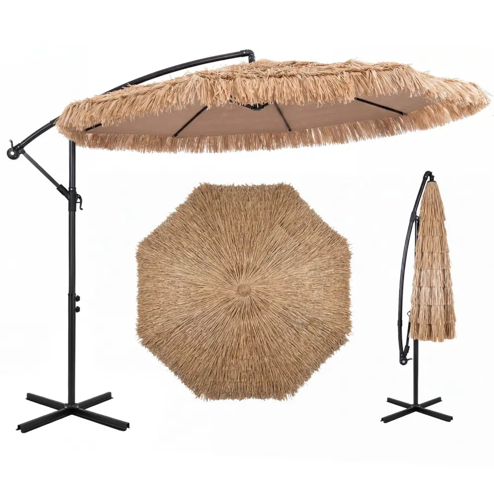 10 FT Solar Thatched Cantilever Umbrella with 12 Modes and Crank Lift-Brown - Brown - Outdoor Umbrellas