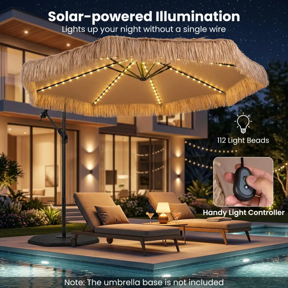 10 FT Solar Thatched Cantilever Umbrella with 96 Multi-color Flowing Lights and 12 Modes-Brown - Brown - Outdoor