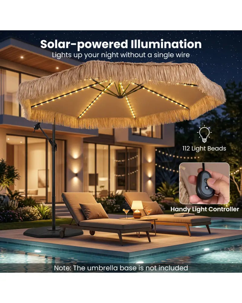 10 FT Solar Thatched Cantilever Umbrella with 96 Multi-color Flowing Lights and 12 Modes-Brown - Brown - Outdoor