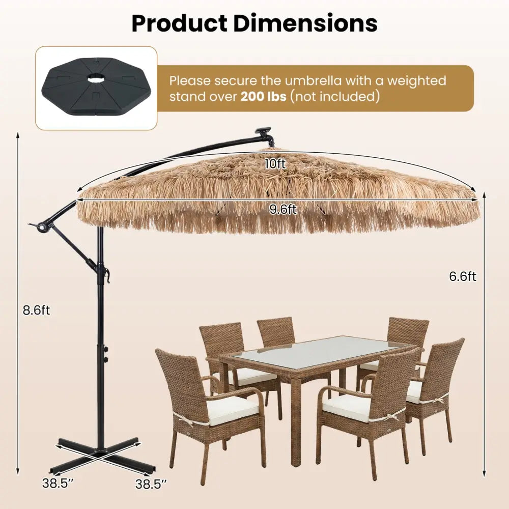 10 FT Solar Thatched Cantilever Umbrella with 96 Multi-color Flowing Lights and 12 Modes-Brown - Brown - Outdoor