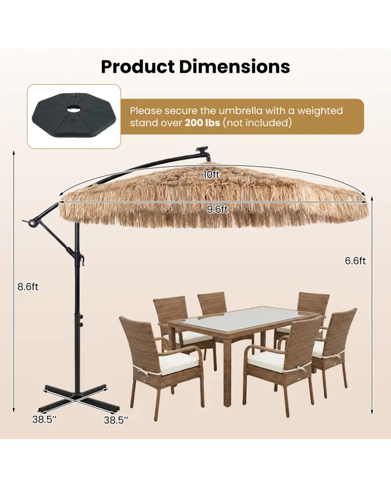 10 FT Solar Thatched Cantilever Umbrella with 96 Multi-color Flowing Lights and 12 Modes-Brown - Brown - Outdoor