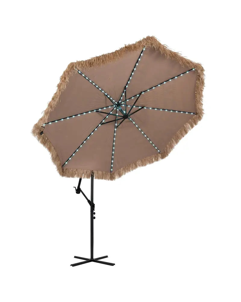 10 FT Solar Thatched Cantilever Umbrella with 96 Multi-color Flowing Lights and 12 Modes-Brown - Brown - Outdoor