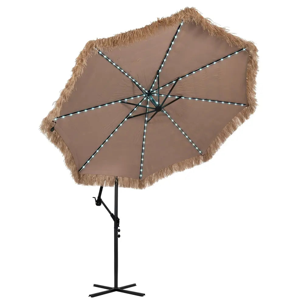 10 FT Solar Thatched Cantilever Umbrella with 96 Multi-color Flowing Lights and 12 Modes-Brown - Brown - Outdoor