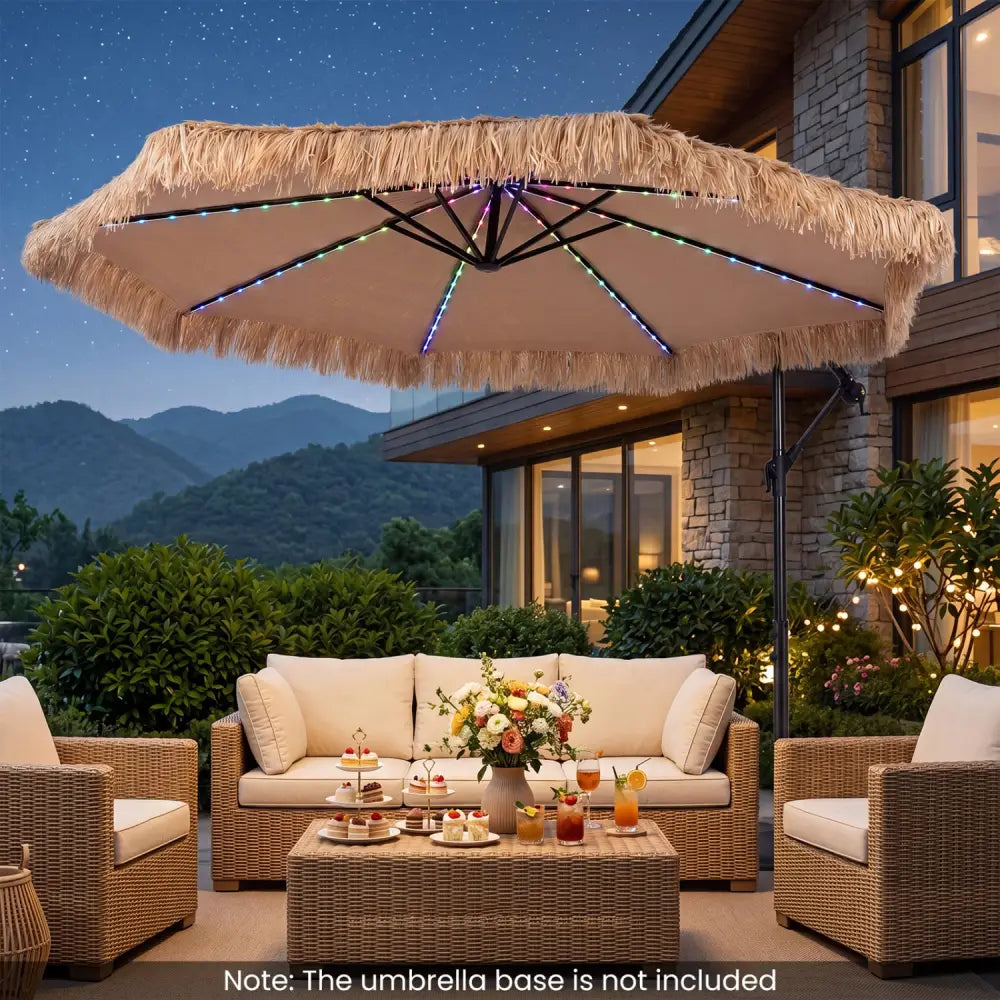 10 FT Solar Thatched Cantilever Umbrella with 96 Multi-color Flowing Lights and 12 Modes-Brown - Brown - Outdoor