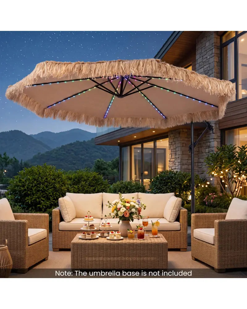 10 FT Solar Thatched Cantilever Umbrella with 96 Multi-color Flowing Lights and 12 Modes-Brown - Brown - Outdoor