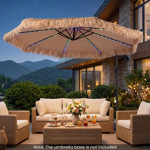 10 FT Solar Thatched Cantilever Umbrella with 96 Multi-color Flowing Lights and 12 Modes-Brown - Brown - Outdoor