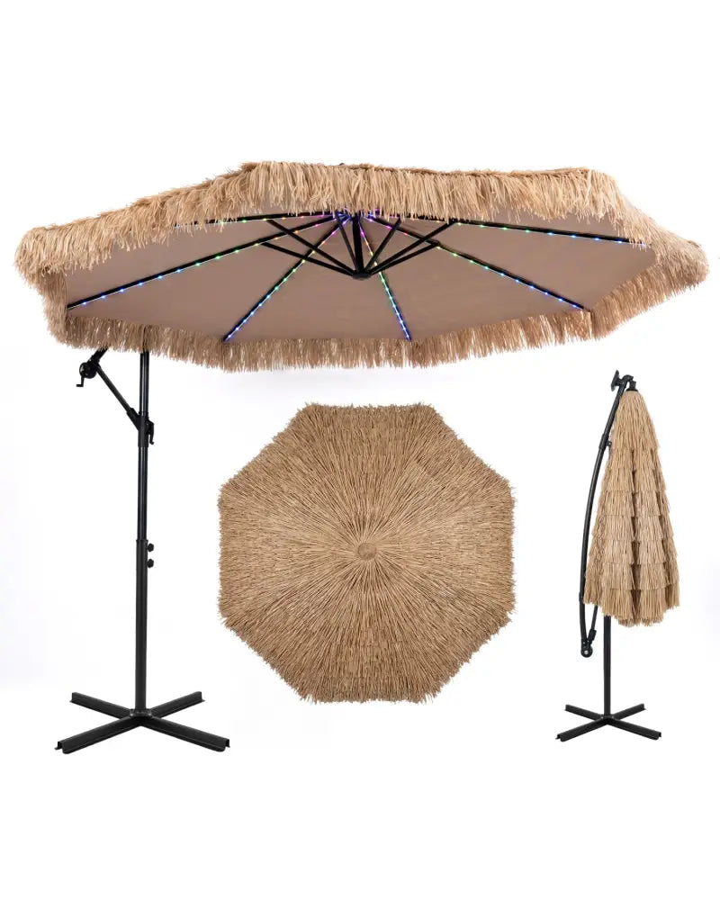 10 FT Solar Thatched Cantilever Umbrella with 96 Multi-color Flowing Lights and 12 Modes-Brown - Brown - Outdoor