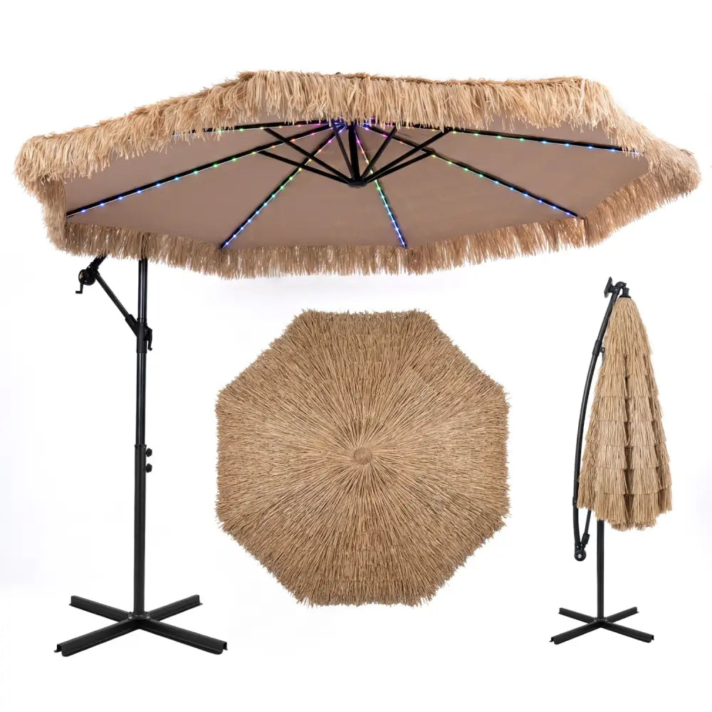 10 FT Solar Thatched Cantilever Umbrella with 96 Multi-color Flowing Lights and 12 Modes-Brown - Brown - Outdoor