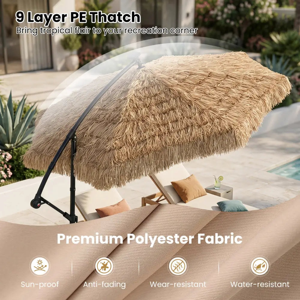 10 FT Solar Thatched Cantilever Umbrella with 96 Multi-color Flowing Lights and 12 Modes-Brown - Brown - Outdoor