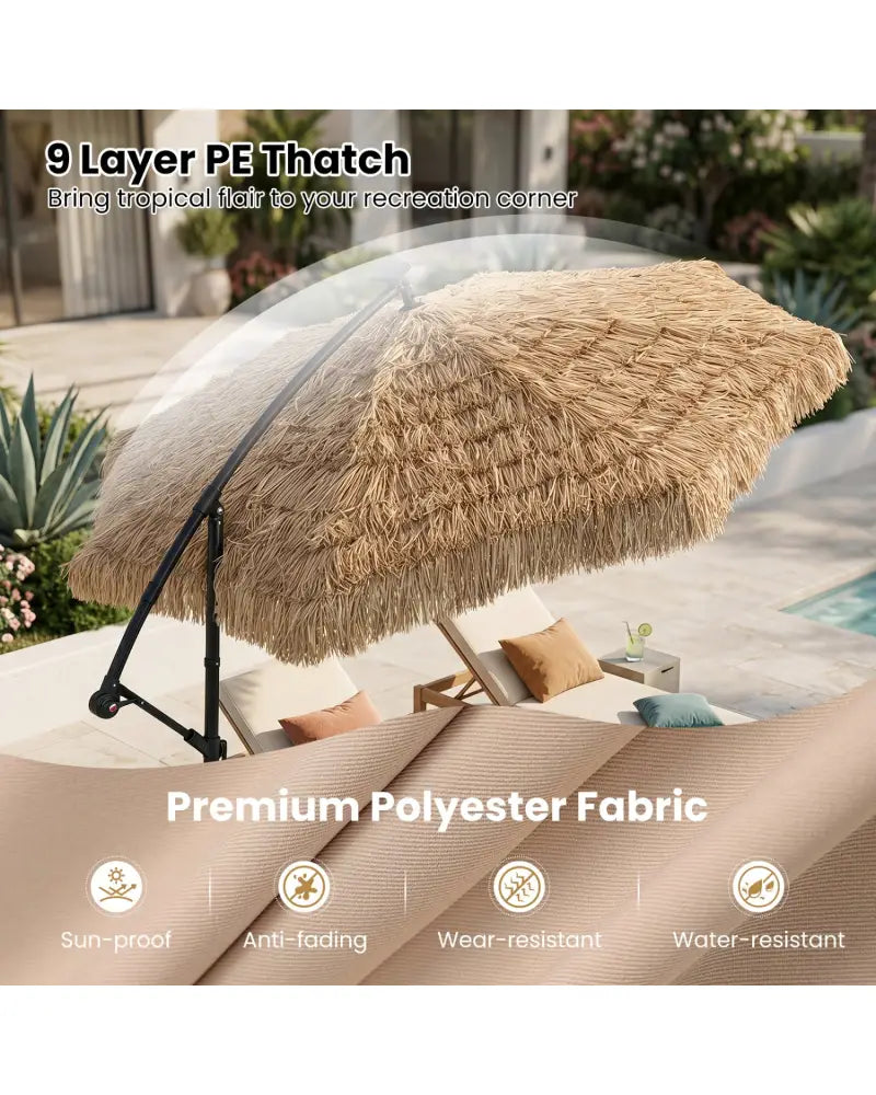 10 FT Solar Thatched Cantilever Umbrella with 96 Multi-color Flowing Lights and 12 Modes-Brown - Brown - Outdoor
