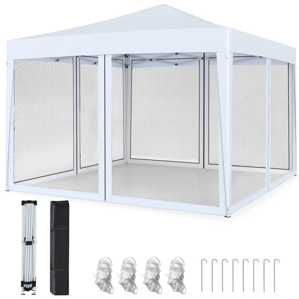 10 FT x 10 FT Pop-Up Canopy Tent Easy Setup Instant Folding Shelter with Mesh Netting-White - White - Canopies