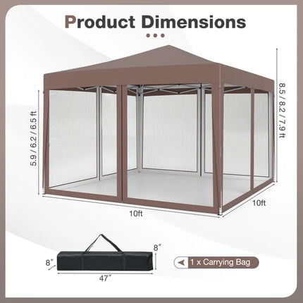 10 FT x 10 FT Pop-Up Canopy Tent Easy Setup Instant Folding Shelter with Mesh Netting-Coffee - Coffee - Canopies