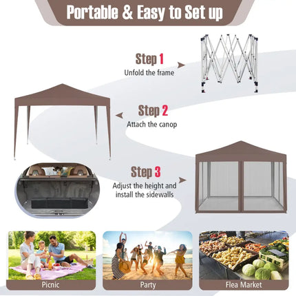 10 FT x 10 FT Pop-Up Canopy Tent Easy Setup Instant Folding Shelter with Mesh Netting-Coffee - Coffee - Canopies