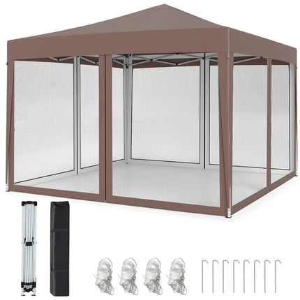 10 FT x 10 FT Pop-Up Canopy Tent Easy Setup Instant Folding Shelter with Mesh Netting-Coffee - Coffee - Canopies