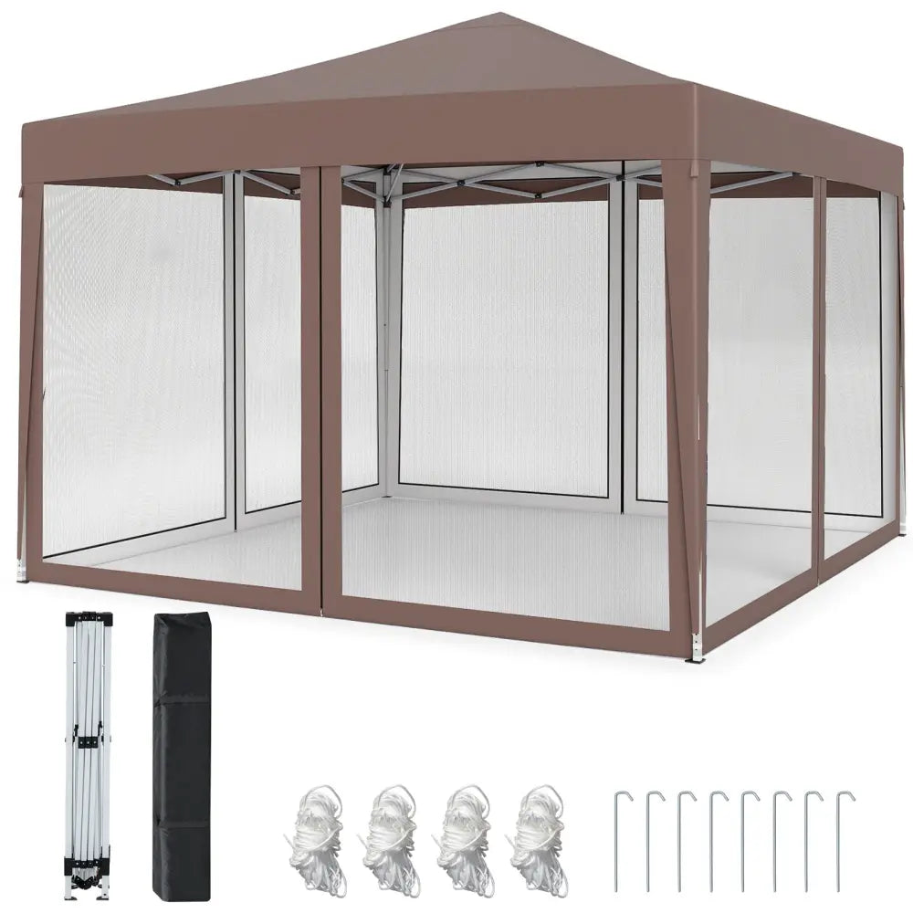 10 FT x 10 FT Pop-Up Canopy Tent Easy Setup Instant Folding Shelter with Mesh Netting-Coffee - Coffee - Canopies
