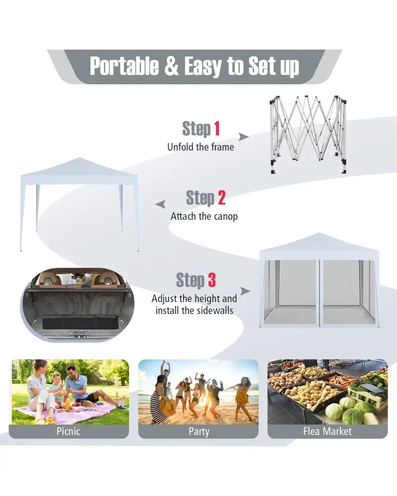 10 FT x 10 FT Pop-Up Canopy Tent Easy Setup Instant Folding Shelter with Mesh Netting-White - White - Canopies
