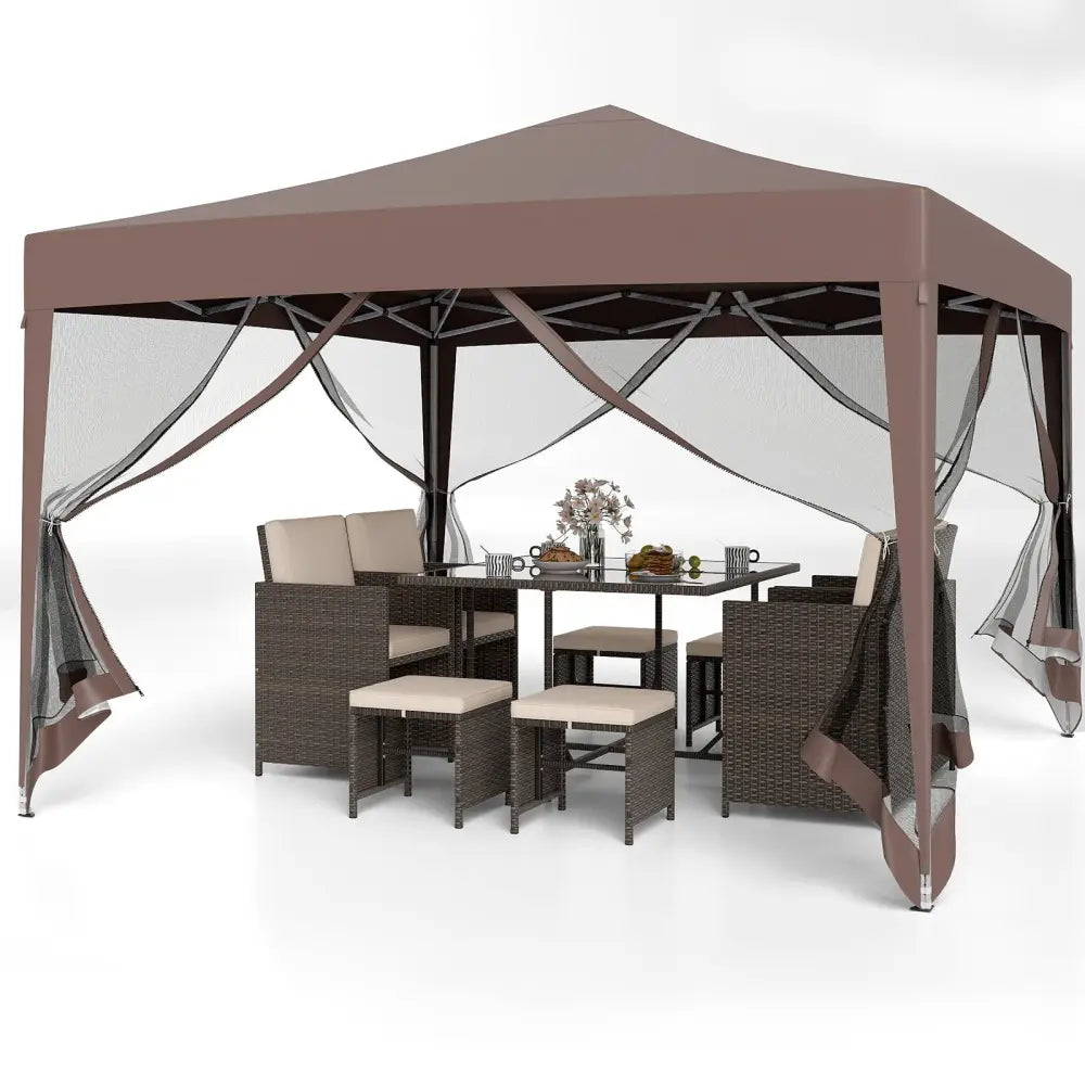 10 FT x 10 FT Pop-Up Canopy Tent Easy Setup Instant Folding Shelter with Mesh Netting-Coffee - Coffee - Canopies