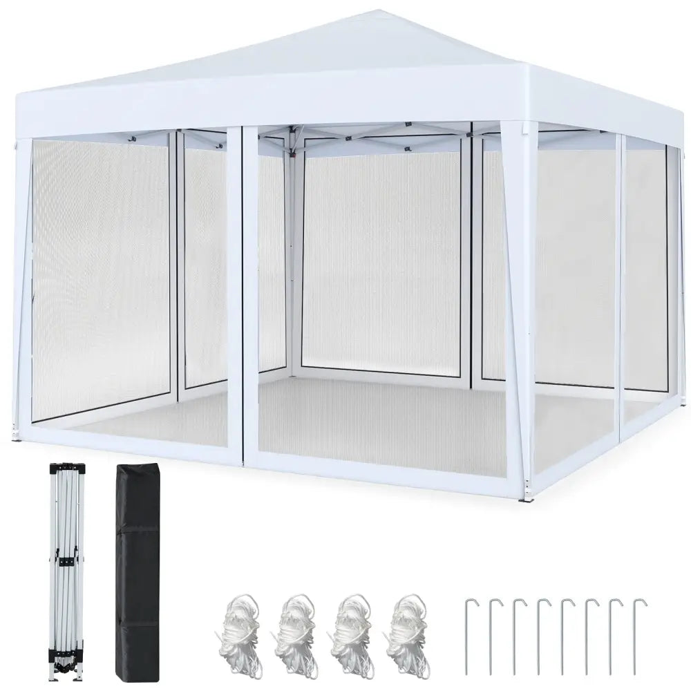 10 FT x 10 FT Pop-Up Canopy Tent Easy Setup Instant Folding Shelter with Mesh Netting-White - White - Canopies