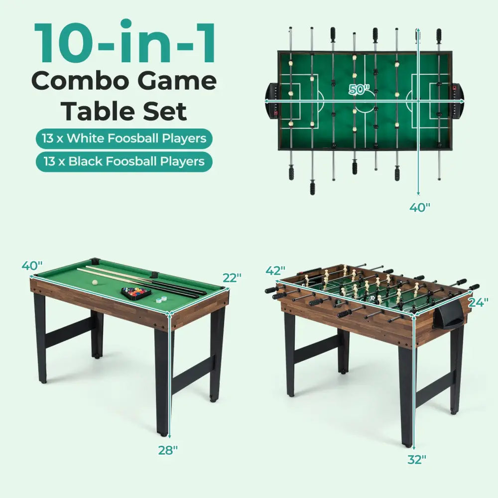 10-in-1 Combo Game Table Set 50inch Multi-Game Table with Foosball-Brown - Brown - Game Room