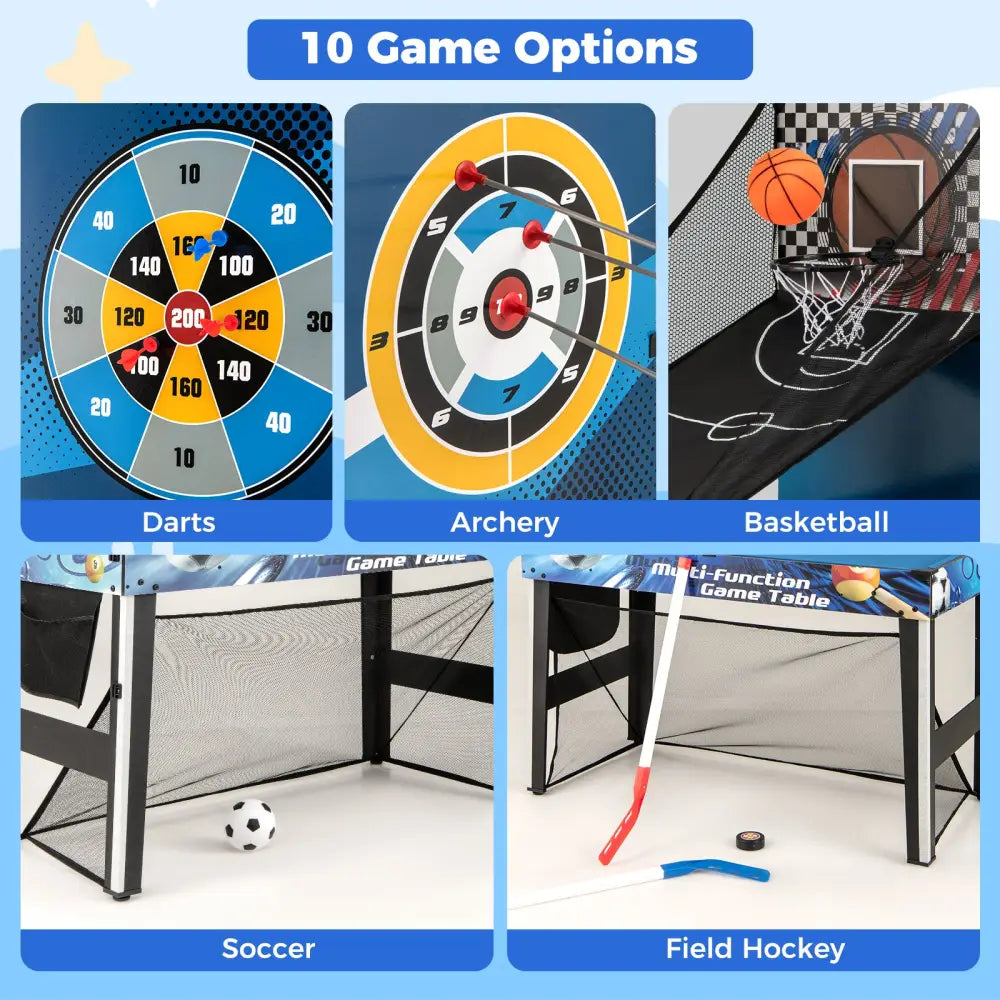 10-in-1 Combo Game Table Set with Table Tennis Basketball Soccer-Blue - Blue - Game Room